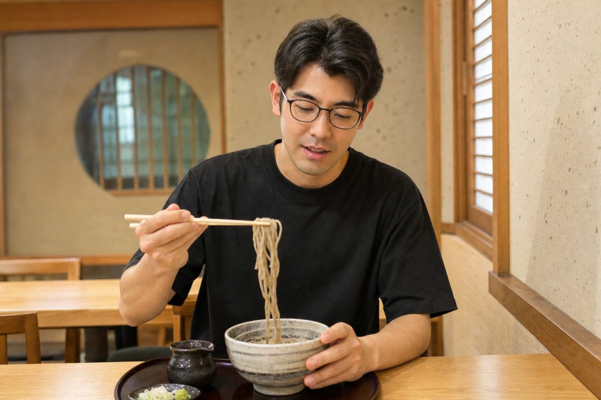 ざるそばをたぐる男性