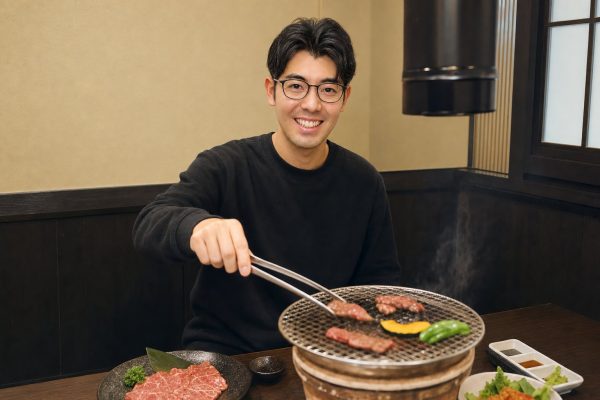 焼肉を網から取る男性