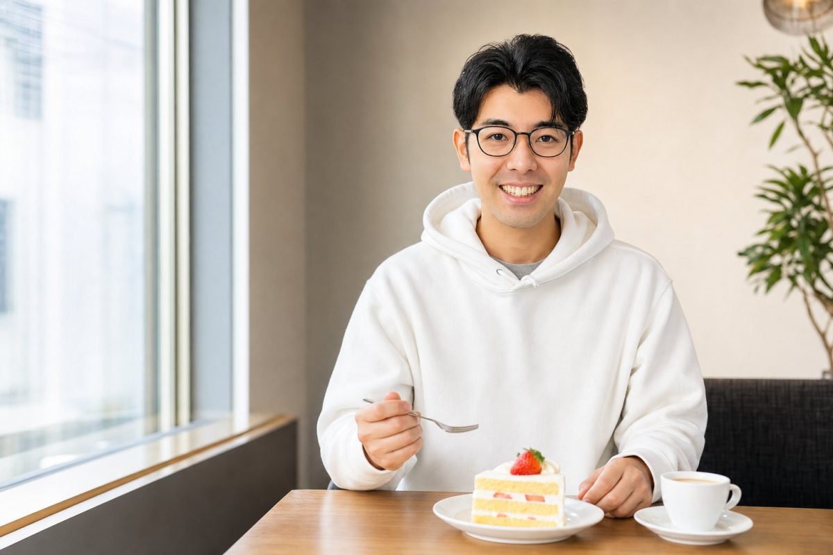 カフェでケーキタイムを過ごす男性