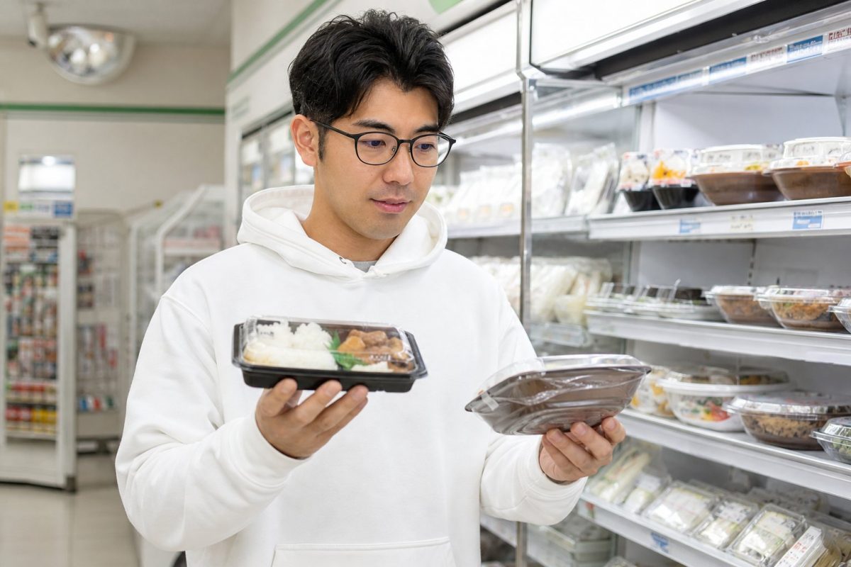 お弁当をどれにするか迷う男性