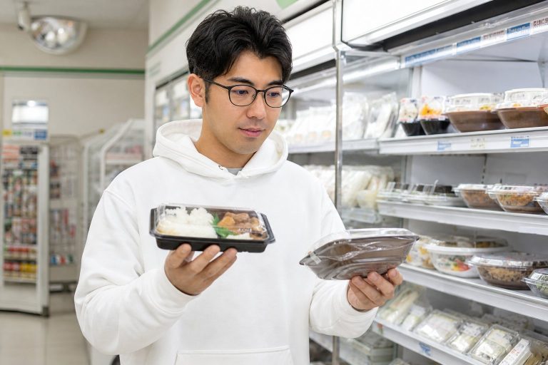 お弁当をどれにするか迷う男性