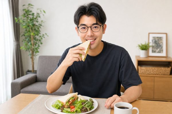 サンドイッチの昼食をとる男性