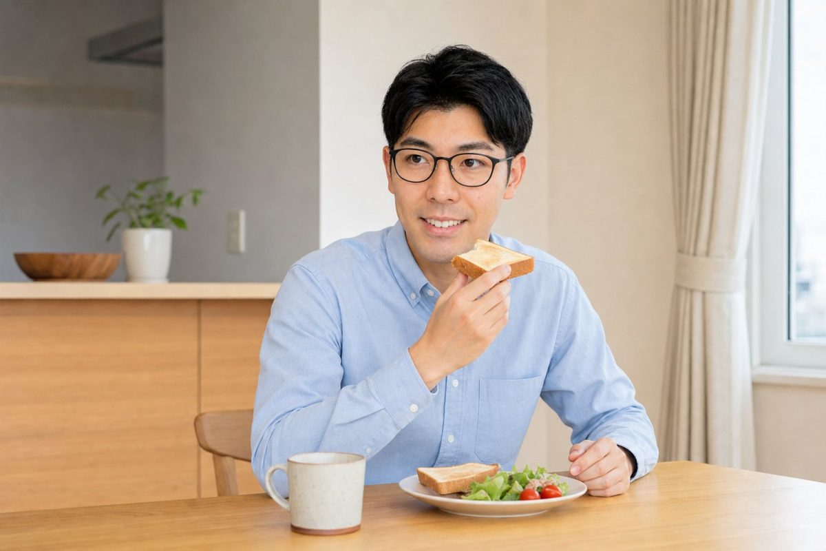 トーストの朝食をとるメガネの男性