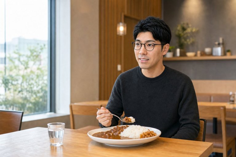 カレーランチを楽しむメガネの男性