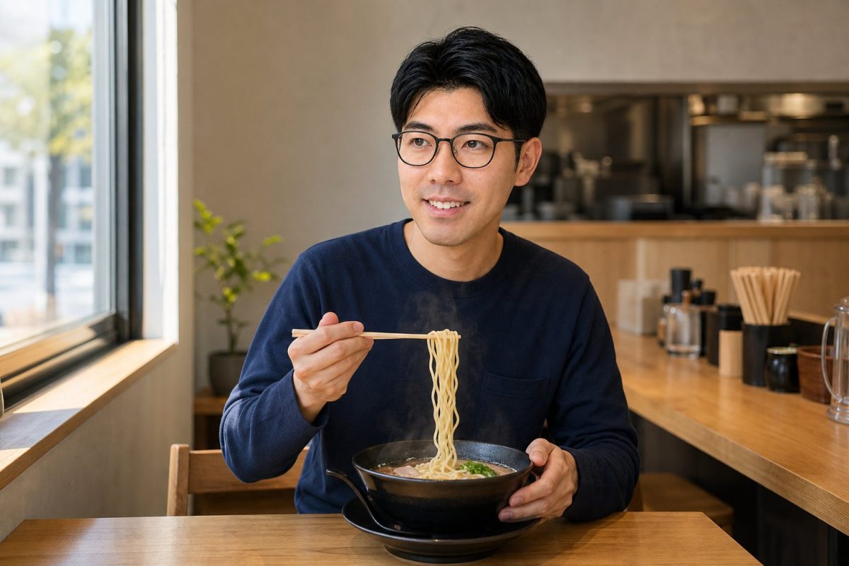 ラーメンをすするメガネの男性