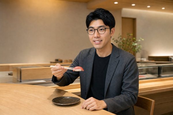 寿司をつまむメガネの男性