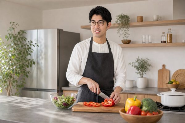 野菜を調理するメガネの男性