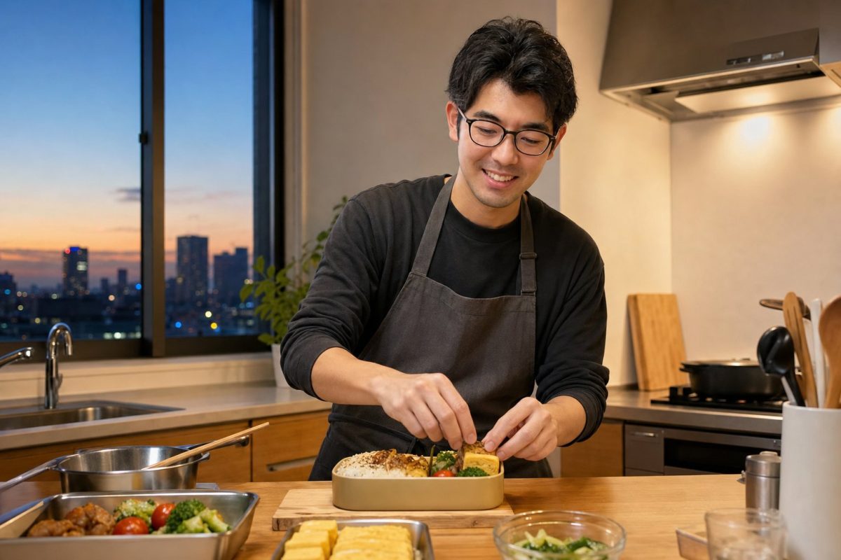 夜明けにお弁当を作る男性