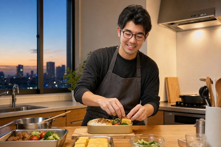 夜明けにお弁当を作る男性