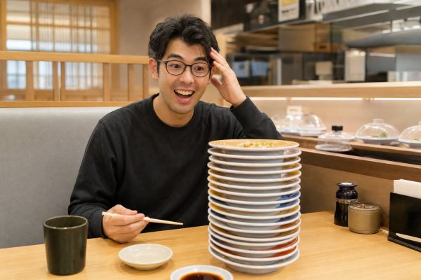 積み上がった寿司皿と満足げな男性