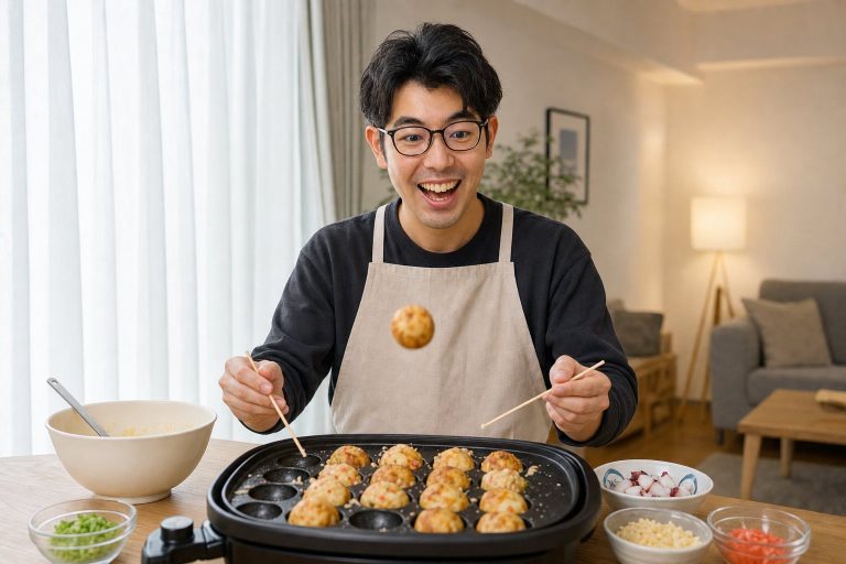 自宅でたこ焼きを焼く男性