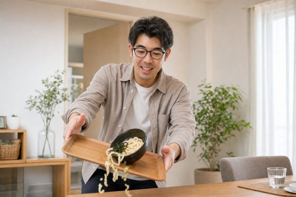 傾いたトレーの麺を支える男性