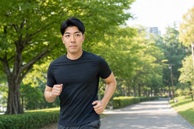 朝の公園をランニングする男性