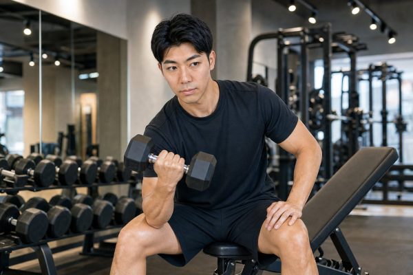 ジムでダンベルトレーニングする男性