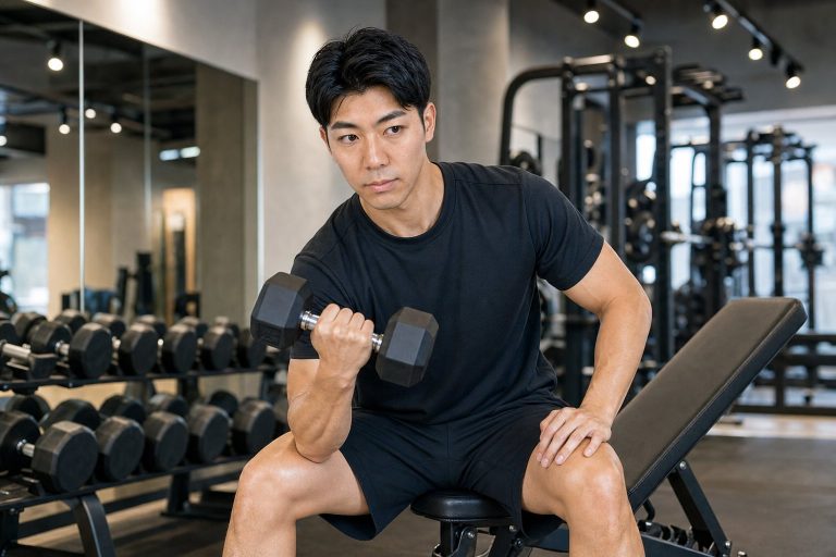 ジムでダンベルトレーニングする男性