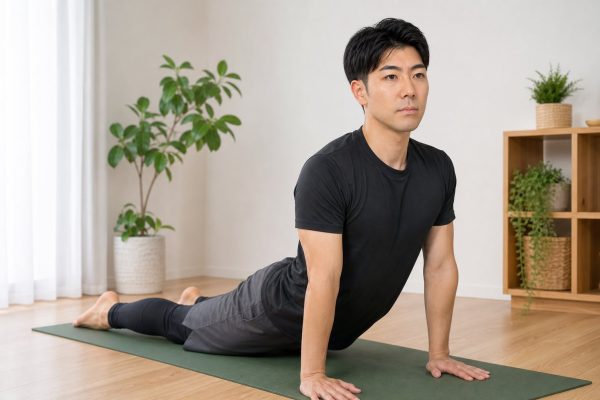 室内でヨガのポーズをとる男性