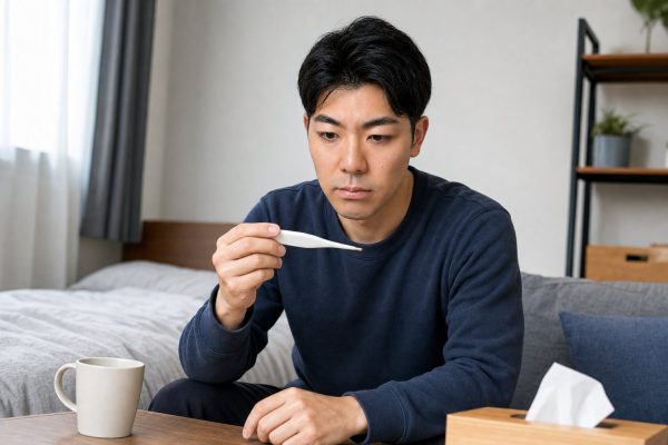 体温計を見て心配する男性