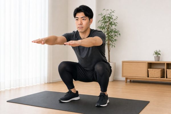 室内でスクワットする男性