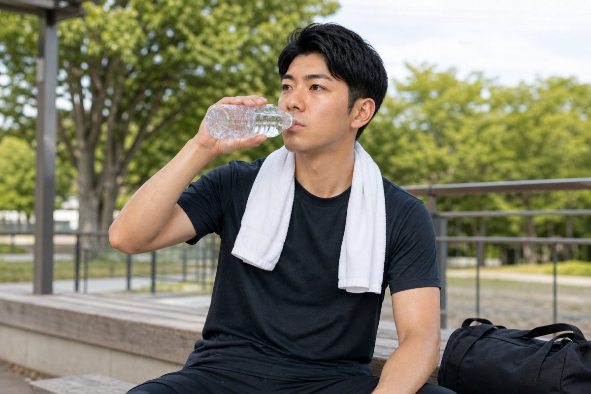 運動後に水分補給する男性