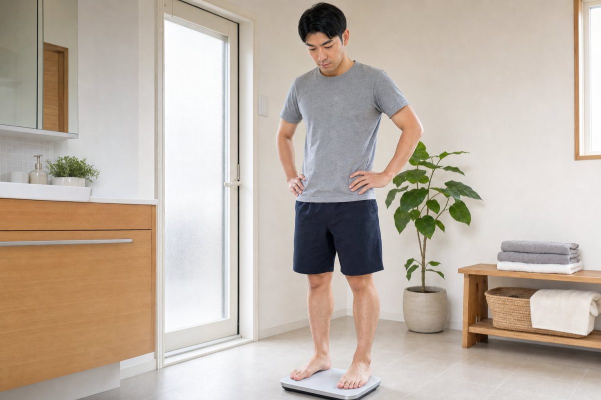 体重計に乗って確認する男性