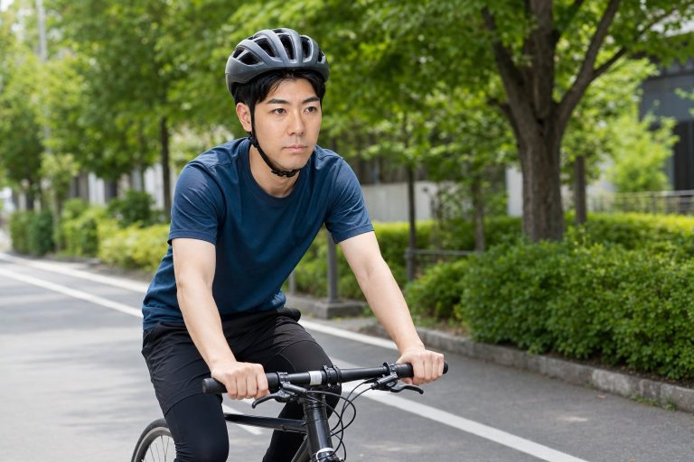 ヘルメットを着けて自転車に乗る男性