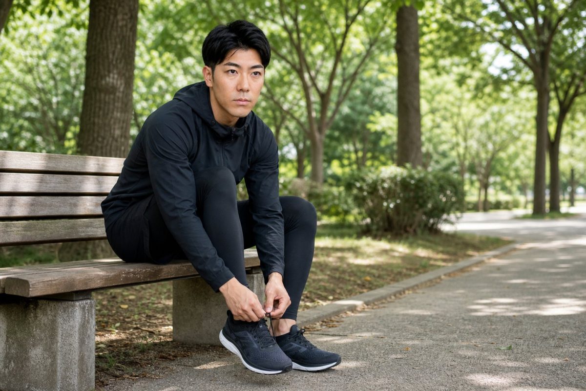 ランニングシューズの紐を結ぶ男性
