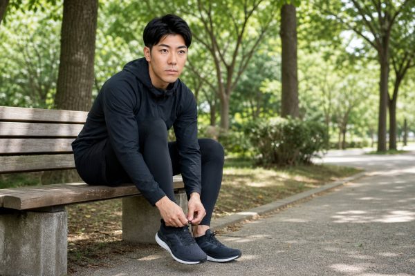 ランニングシューズの紐を結ぶ男性