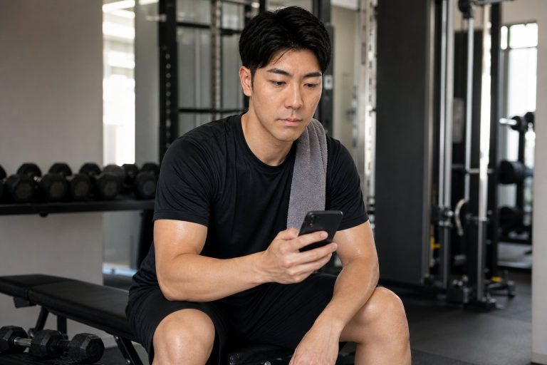 ジムでトレーニング記録をつける男性