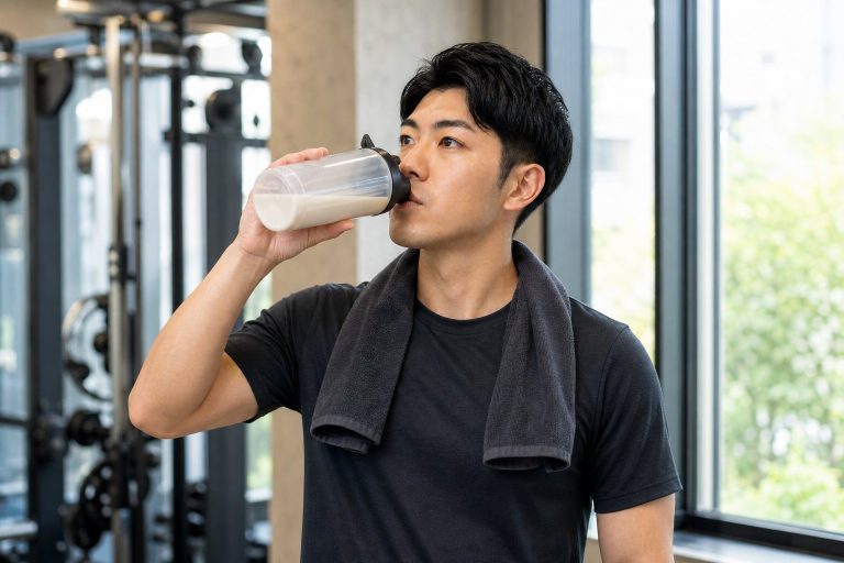 トレーニング後にプロテインを飲む男性