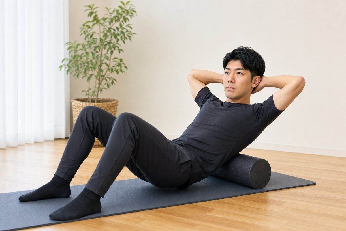 フォームローラーで背中をほぐす男性