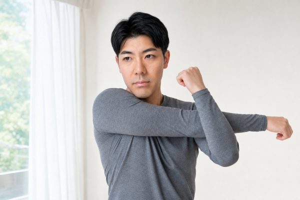 肩まわりをストレッチする男性