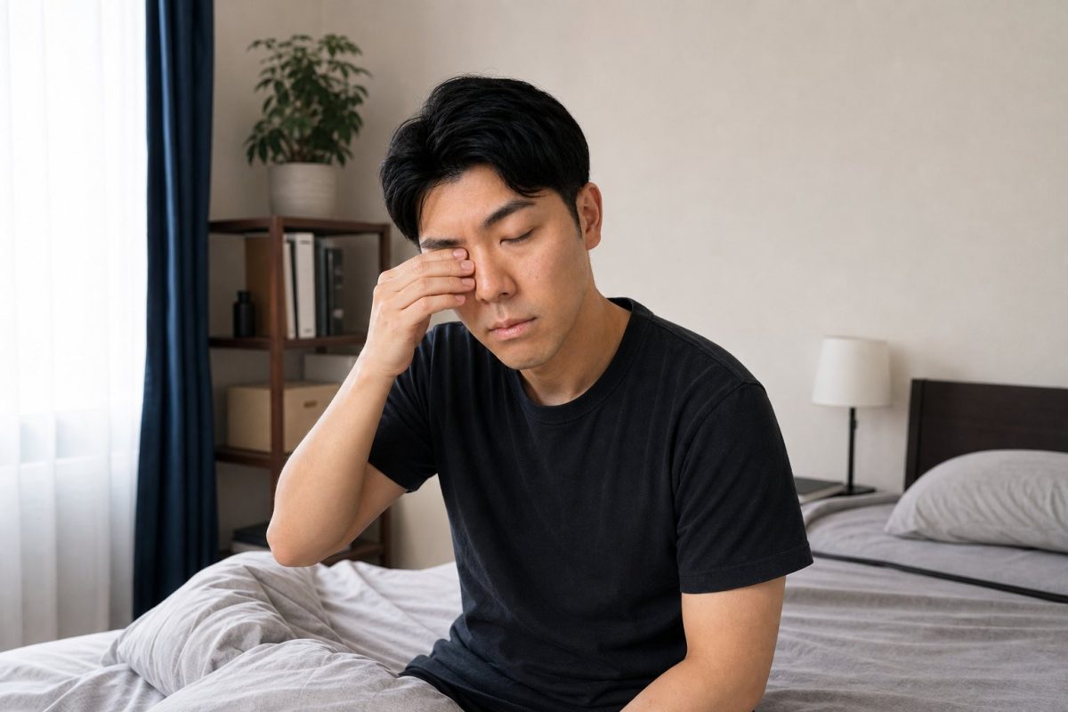 寝不足で目をこする男性
