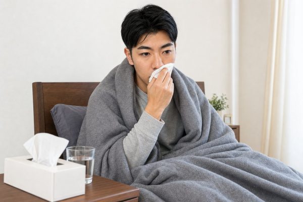 風邪をひいて毛布にくるまる男性