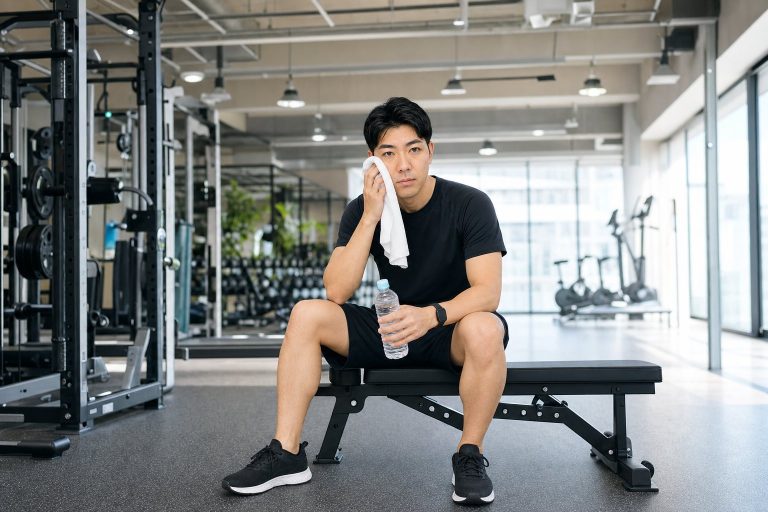運動後にタオルで汗を拭く男性