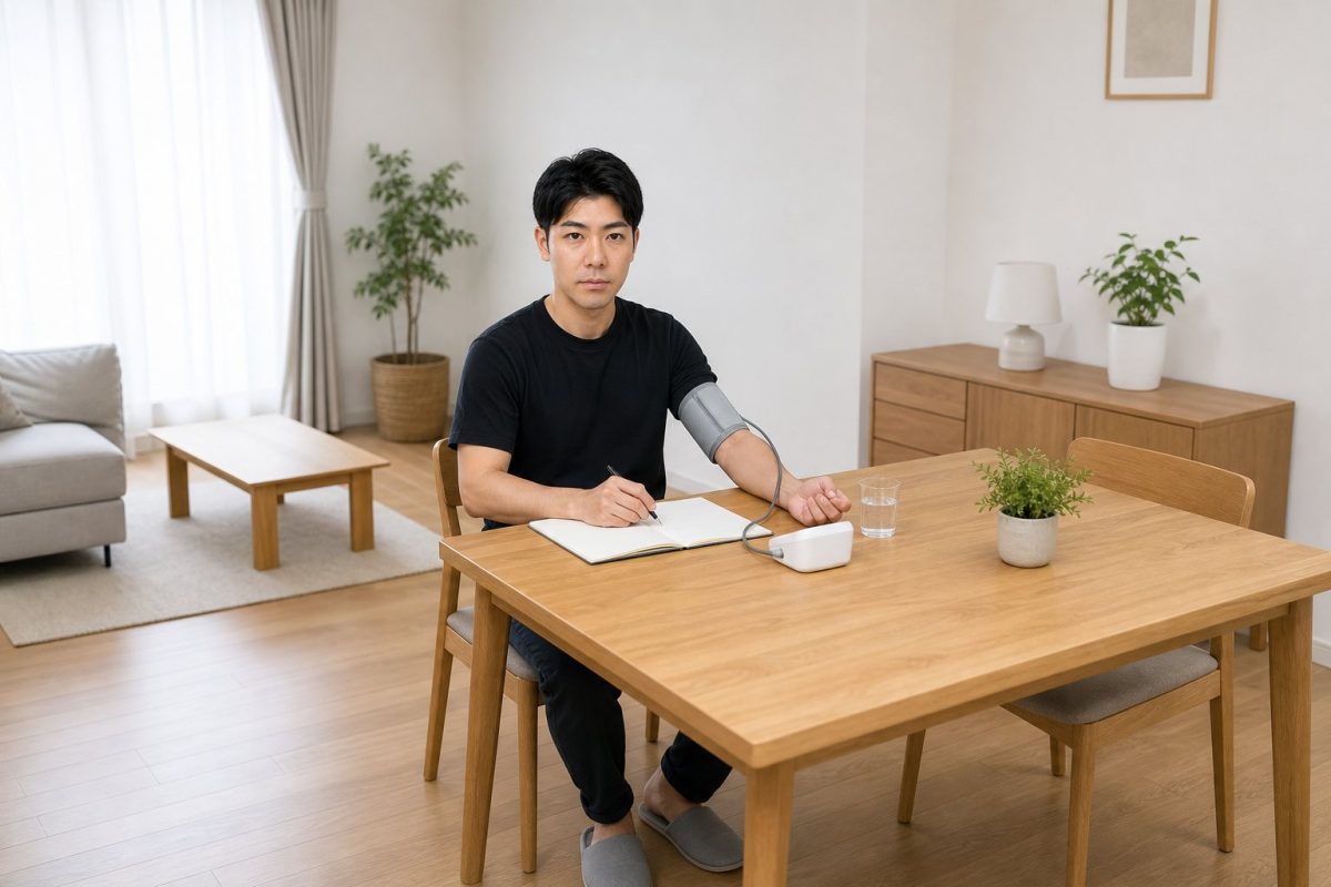 朝の血圧を測定する男性