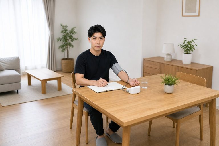 朝の血圧を測定する男性
