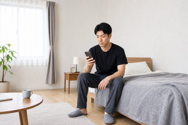 睡眠記録をアプリで確認する男性