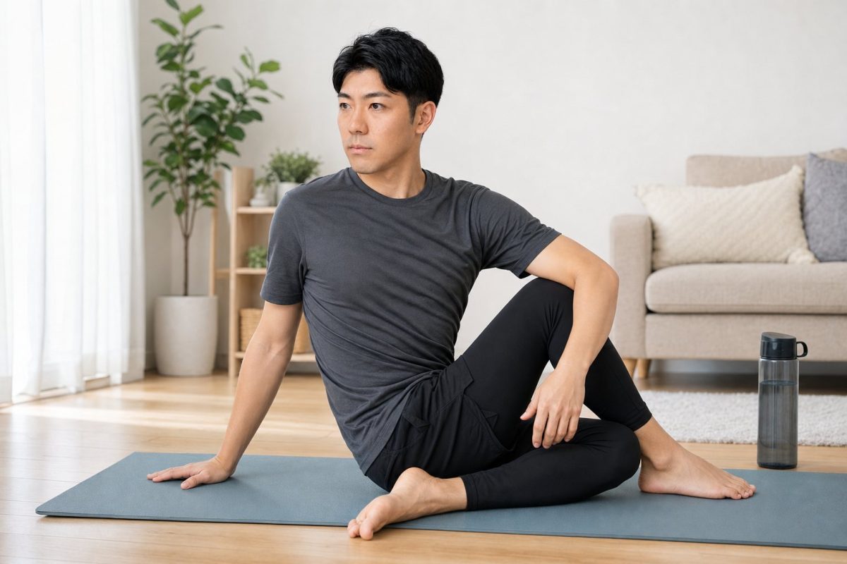 朝のストレッチで体をほぐす男性