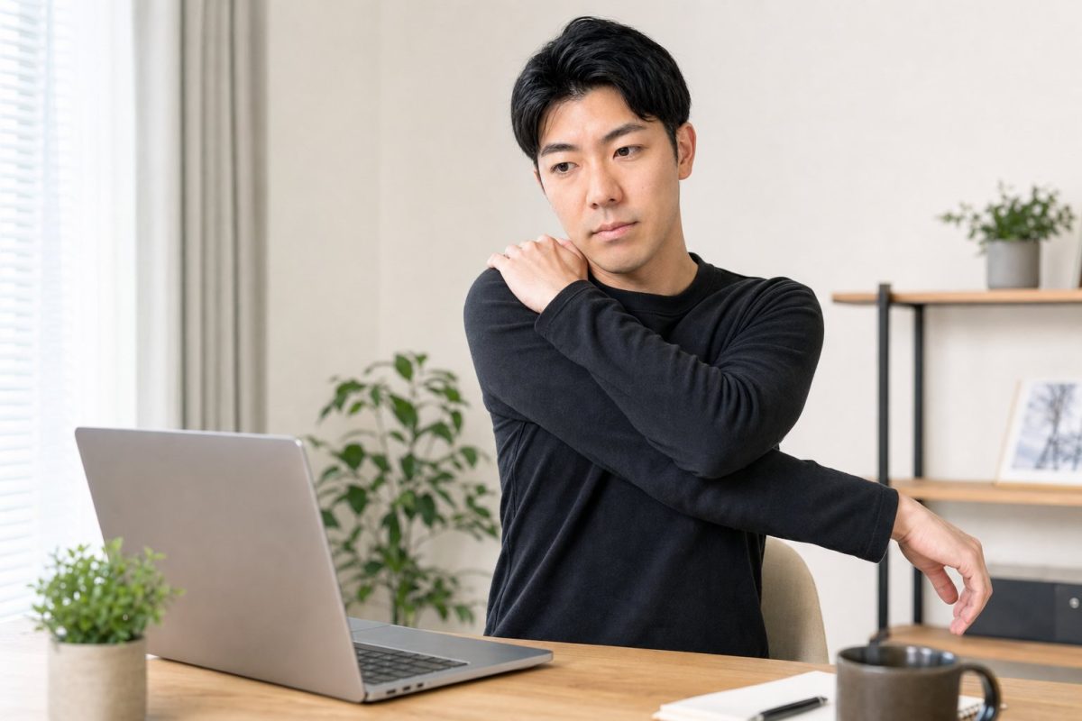 デスクワークの合間に首を伸ばす男性