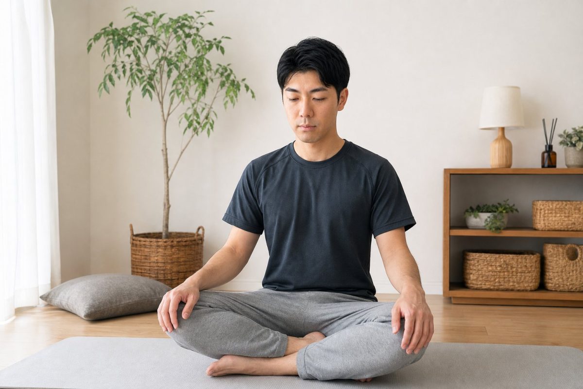 自宅で瞑想して深呼吸する男性