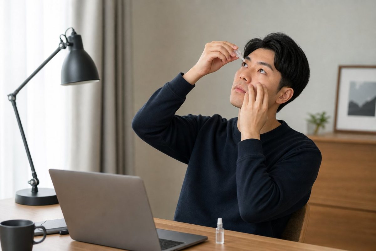 目の疲れに目薬をさす男性