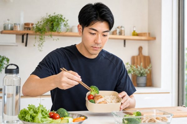 運動後にバランスの良い食事をとる男性