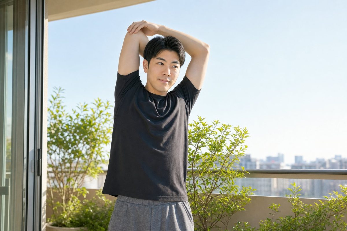 ベランダで朝の伸びをする男性