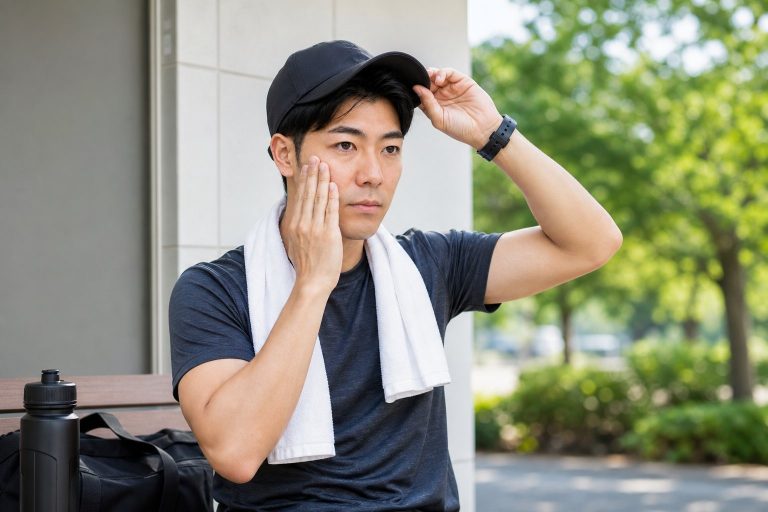 夏の運動前に日差し対策をする男性