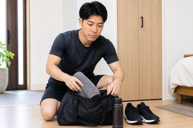 ジムバッグに荷物を詰める男性