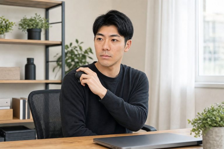 マッサージ器で肩をほぐす男性