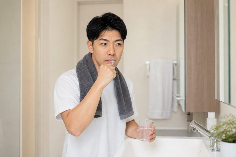歯を磨いて一日を始める男性