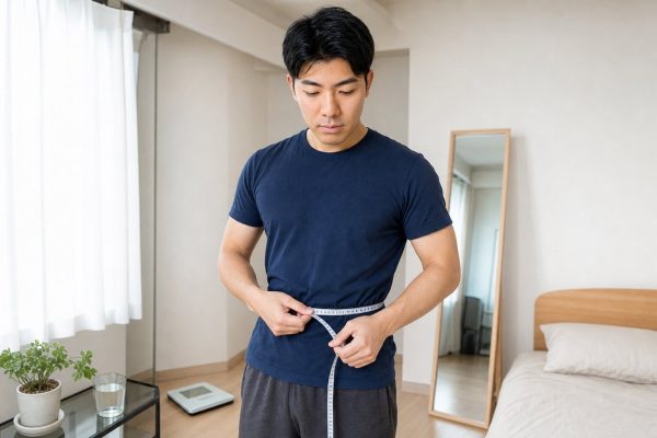 体のサイズを測って記録する男性