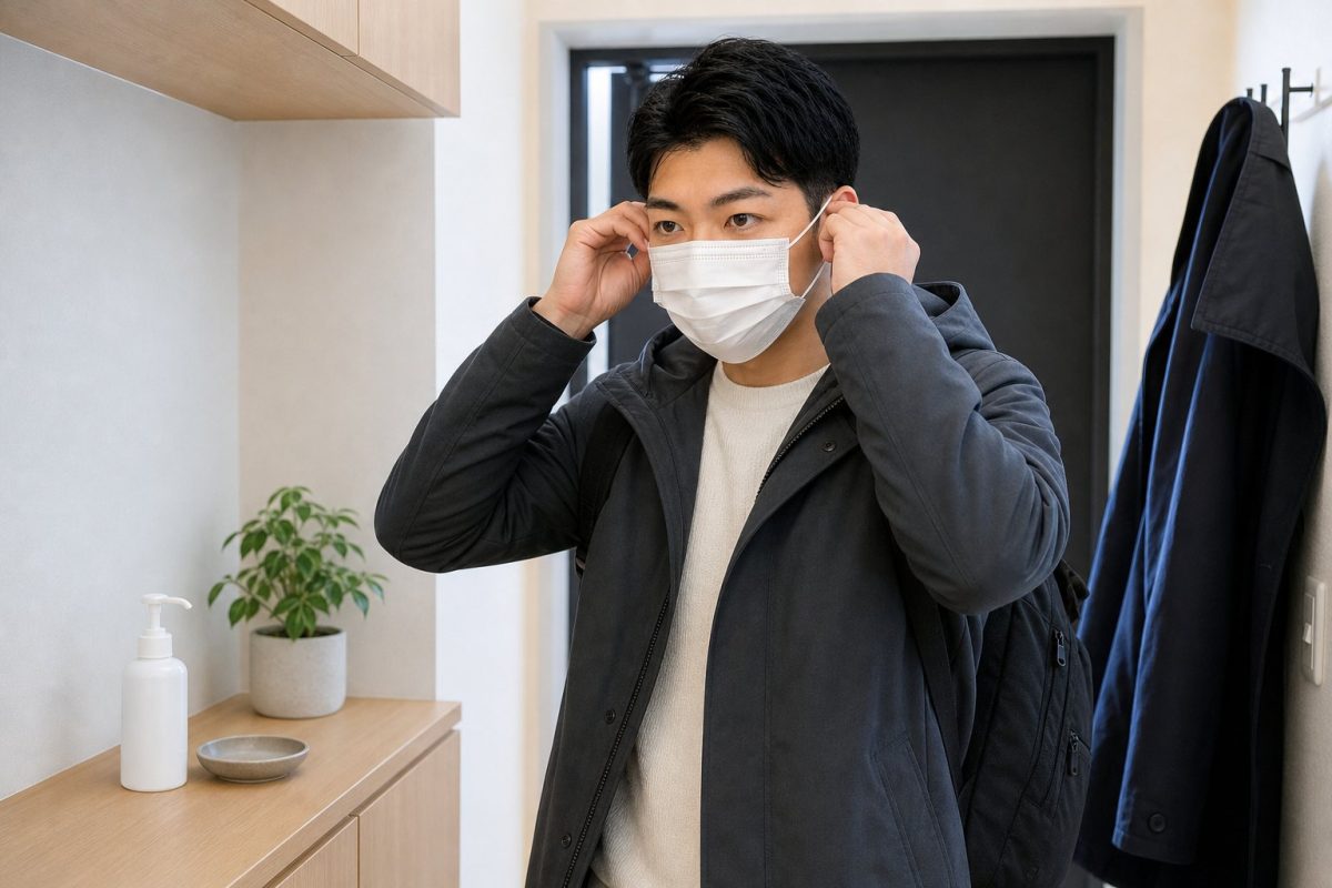 風邪予防のマスクを着けて出かける男性