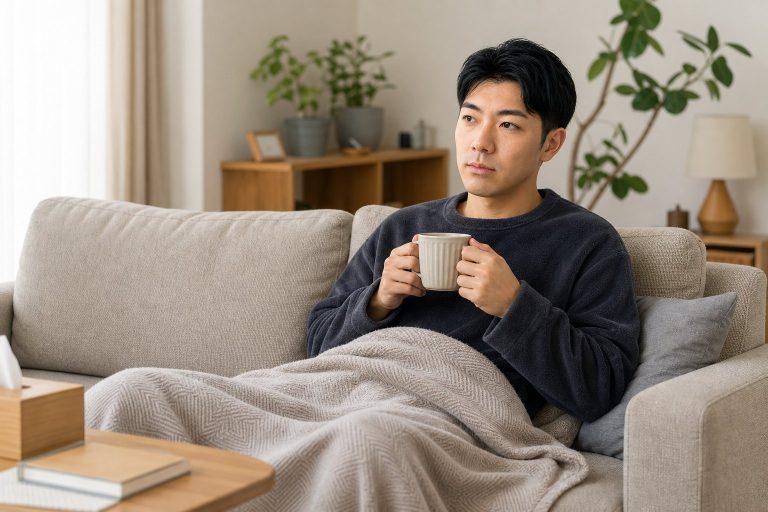 ソファで体を休める男性